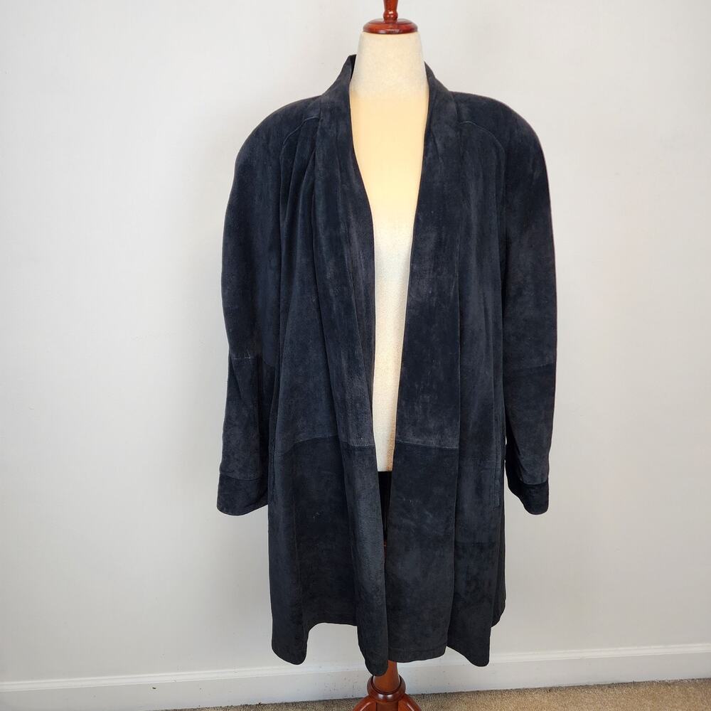 Ellen Ashley Womens Black Suede Leather Trench Coat Size S Oversized Open Vtg